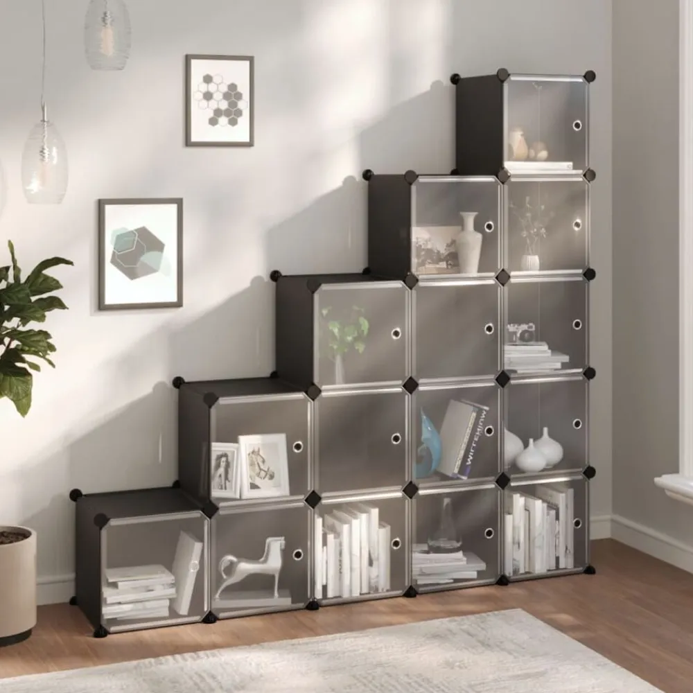 vidaXL Estantería de cubos con 15 compartimentos y puertas PP negro Negro y transparente New