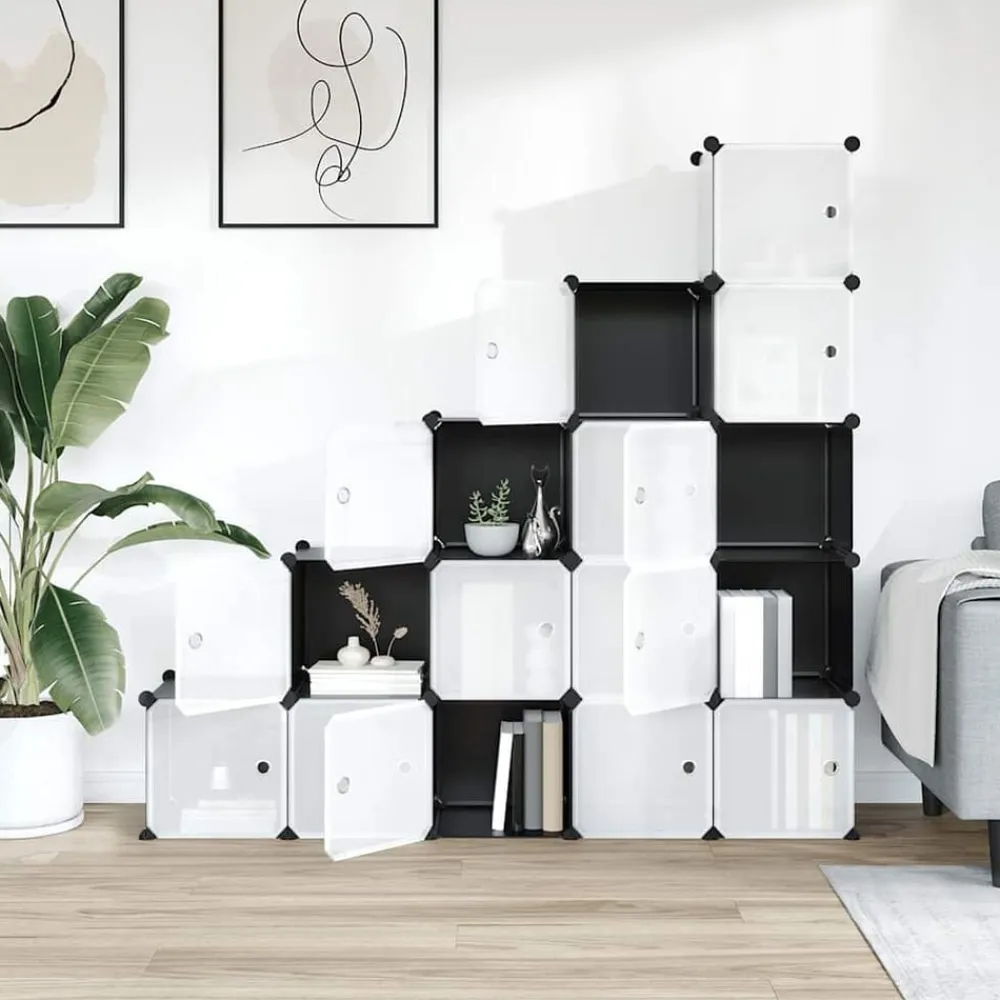 vidaXL Estantería de cubos con 15 compartimentos y puertas PP negro Negro y transparente New