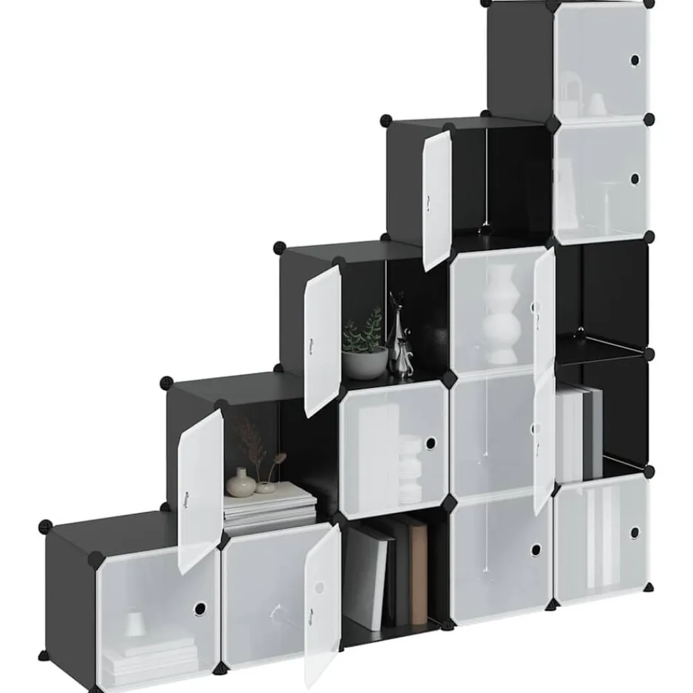 vidaXL Estantería de cubos con 15 compartimentos y puertas PP negro Negro y transparente New