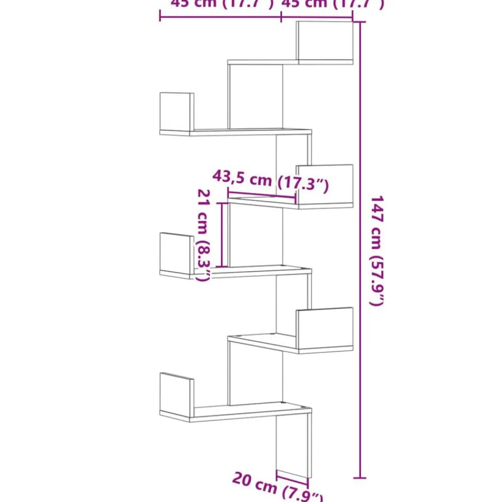 vidaXL Estantería de pared de esquina madera envejecida 45x45x147 cm Madera antigua Best