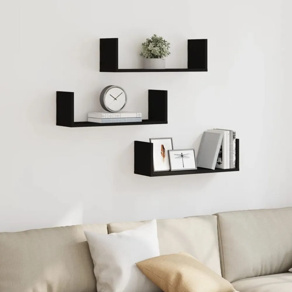vidaXL Estantes de pared 3 uds madera de ingeniería 58x18x18 cm Negro Sale