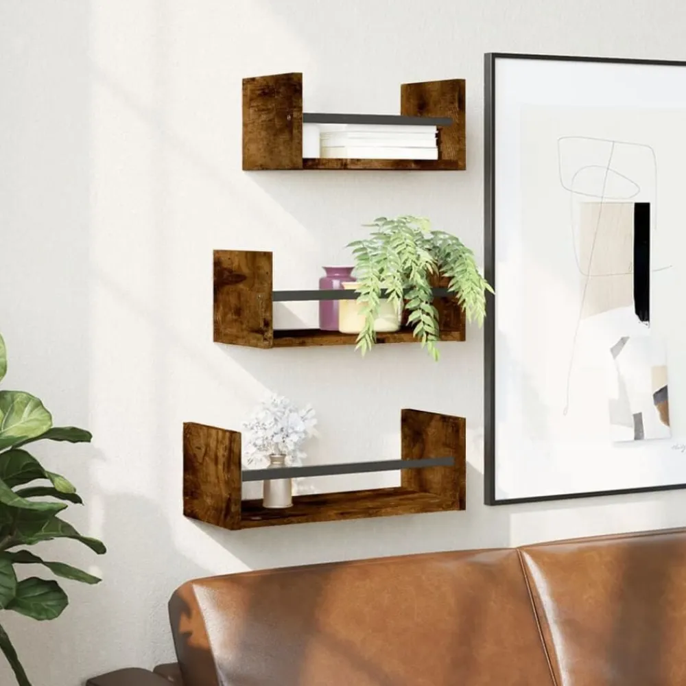 vidaXL Estantes pared con barras 3 pzas madera ingeniería roble humo Roble ahumado Best