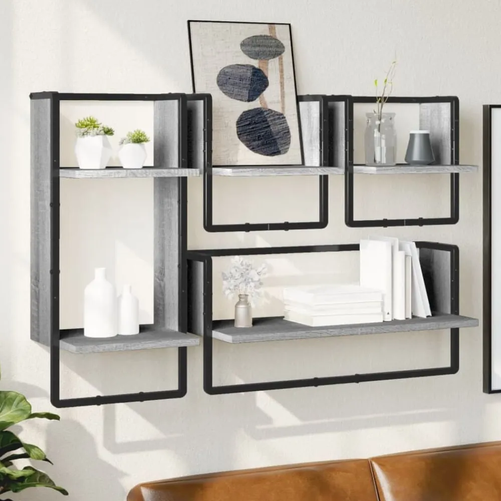 vidaXL Estantes pared con barras 4 pzas madera ingeniería Gris sonoma Outlet