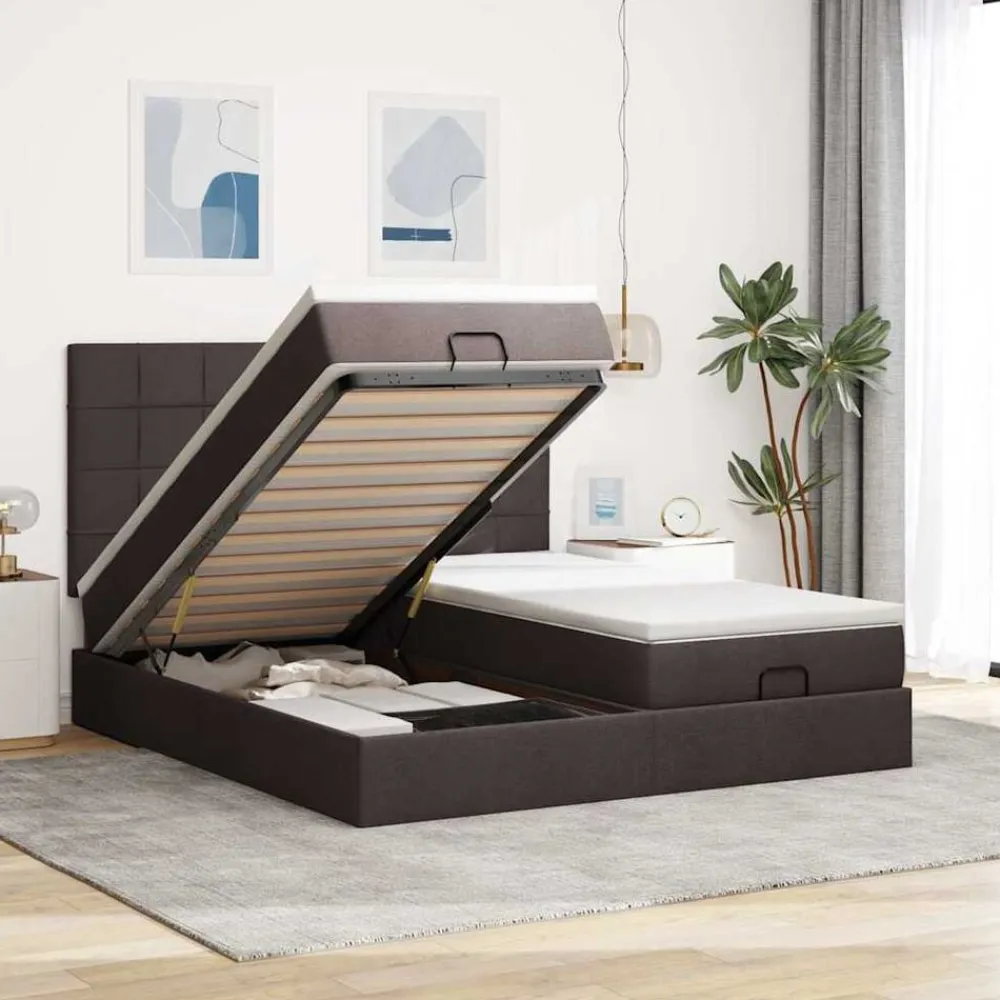 vidaXL Estructura cama otomana colchones tela marrón oscuro 160x200 cm Clearance