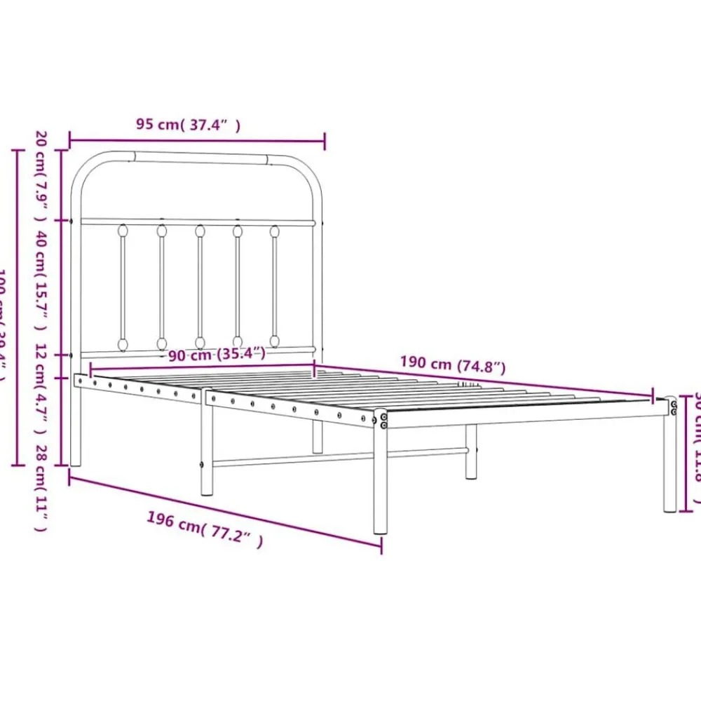 vidaXL Camas Y Accesorios-Estructura cama sin colchón con estribo metal 90x190 cm