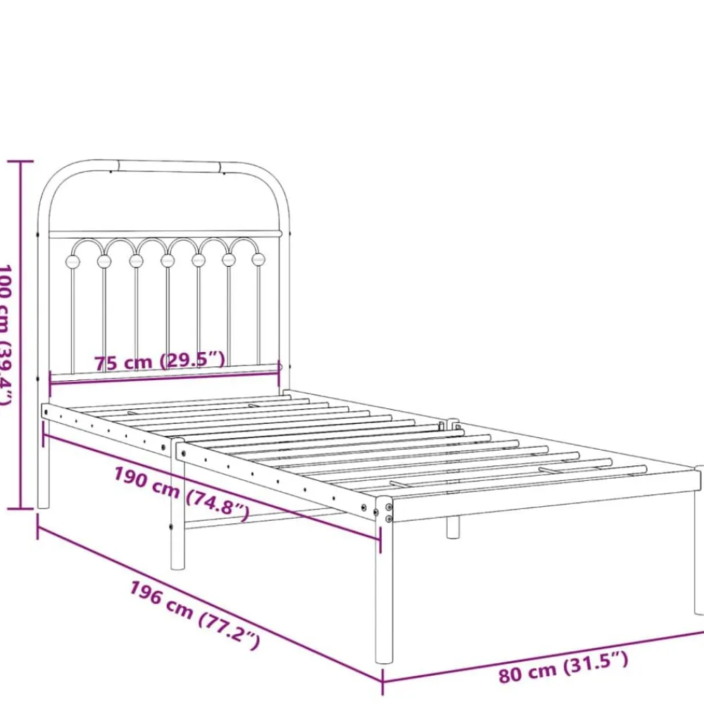 vidaXL Camas Y Accesorios-Estructura cama sin colchón con cabecero metal 75x190 cm