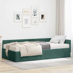 vidaXL Estructura de Cama Esquina con Colchón 2 pcs Verde Terciopelo Verde oscuro New