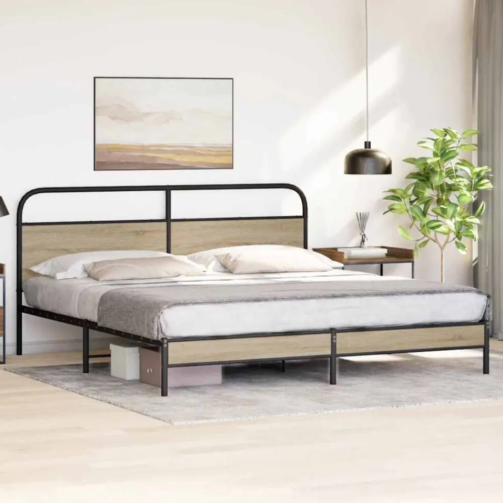 vidaXL Estructura de cama sin colchón metal 180x200 cm Roble ahumado Outlet