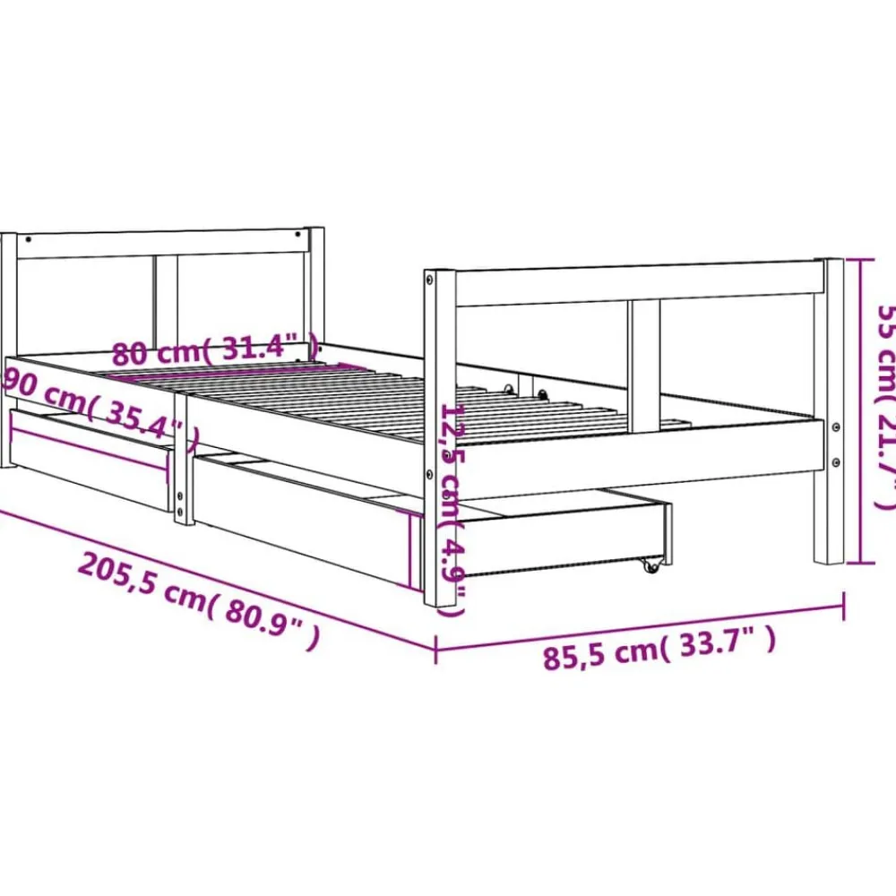 Niños vidaXL Mobiliario Para Bebés Y Niños Pequeños-Estructura de cama niños con cajones madera pino 80x200cm