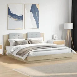 vidaXL Estructura de cama cabecero luces LED 200x200 cm Roble Sonoma