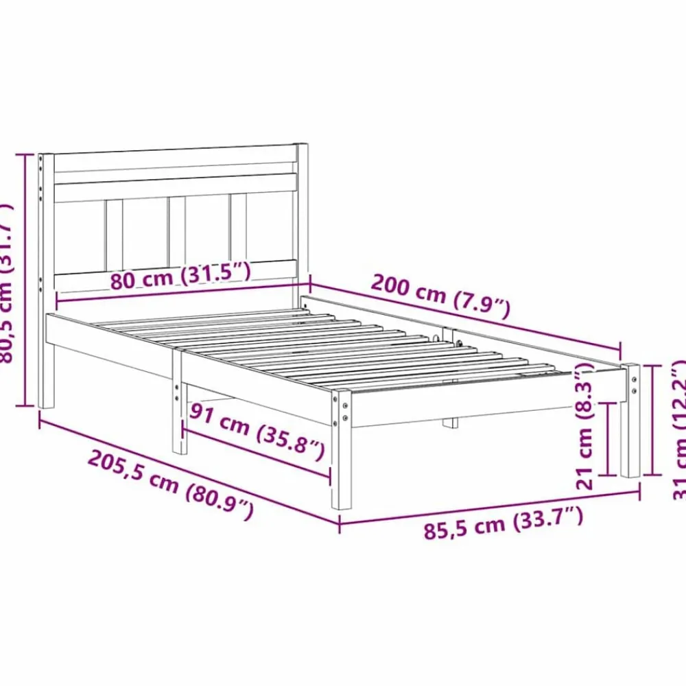 vidaXL Camas Y Accesorios-Estructura de cama 80 x 200 cm Madera de pino macizo