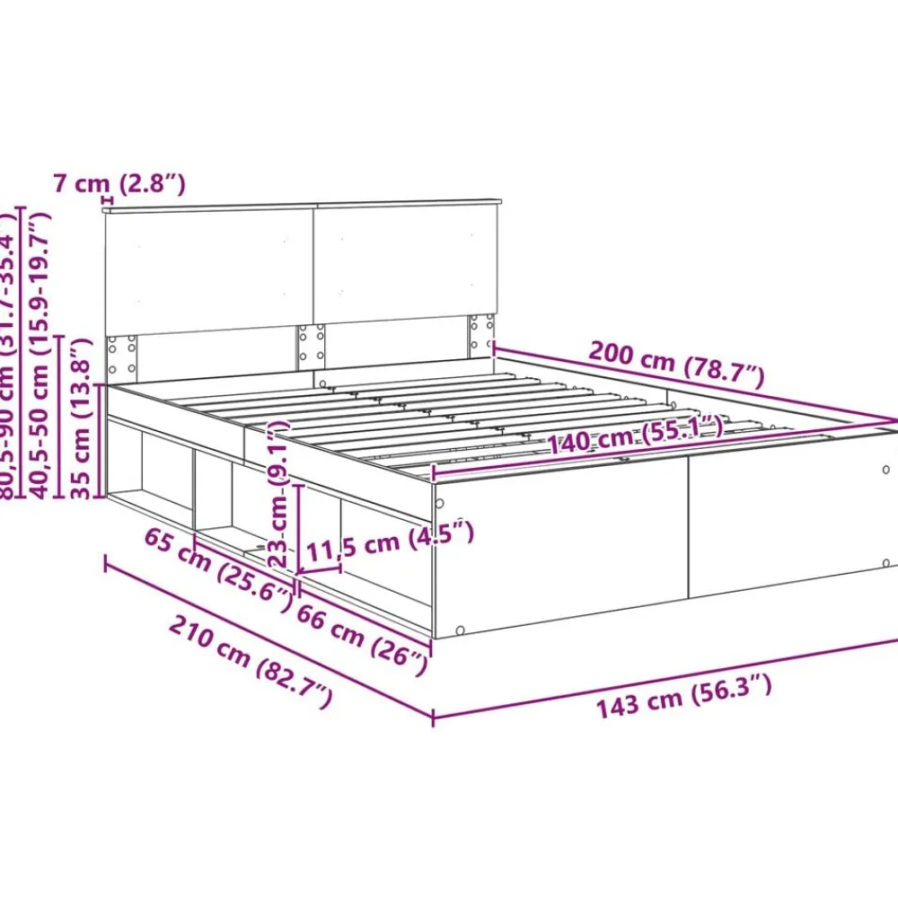 vidaXL Estructura de cama con cabecera Roble Marrón 140 x 200 cm Marrón roble New