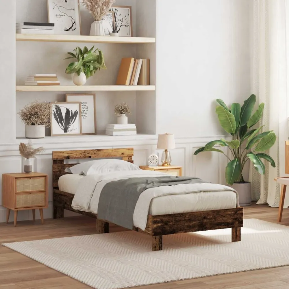 vidaXL Estructura de cama con LED Madera vieja 100 x 200 cm Madera envejecida Sale