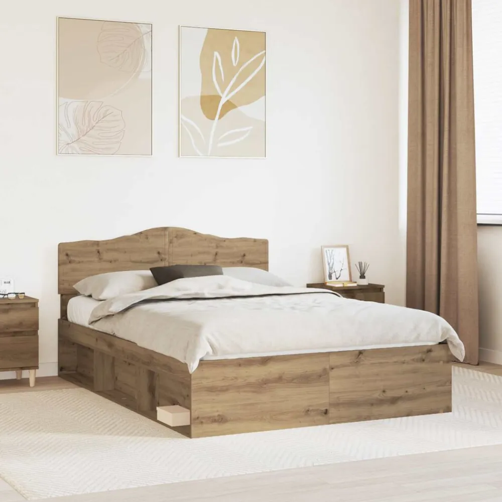 vidaXL Camas Y Accesorios-Estructura de cama con cabecera Roble Artesanal 150 x 200 cm