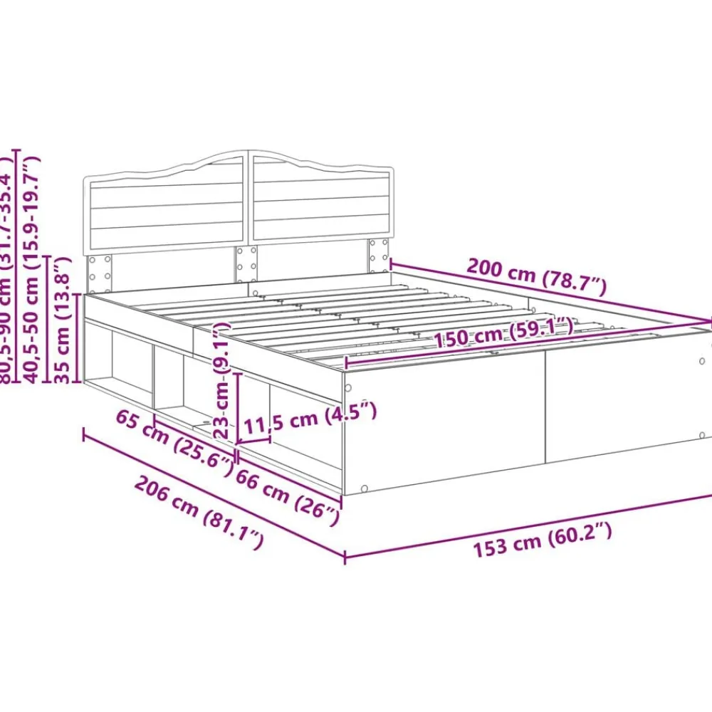 vidaXL Camas Y Accesorios-Estructura de cama con cabecera Roble Artesanal 150 x 200 cm