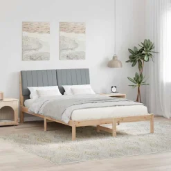 vidaXL Estructura de cama Marrón 135 x 190 cm Madera de pino macizo Marr&oacute;n y gris claro Hot