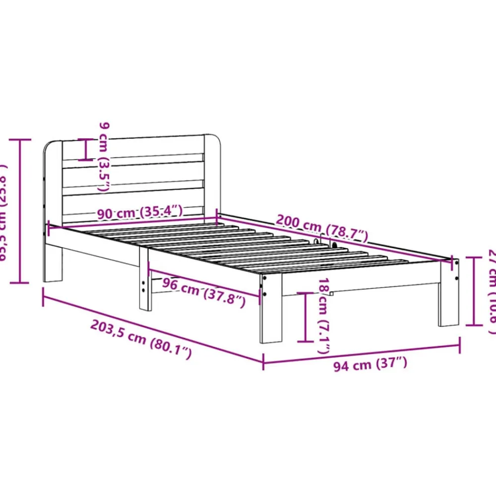 vidaXL Estructura de cama sin colchón madera maciza de pino 90x200 cm Natural New