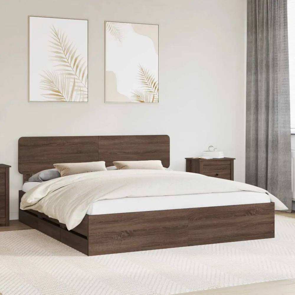 vidaXL Estructura de cama con cajón Roble marrón 200 x 200 cm Roble marrón Outlet