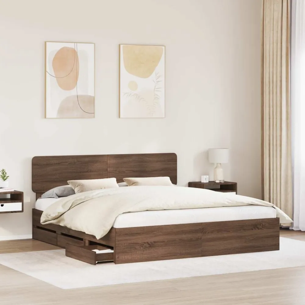 vidaXL Estructura de cama con cajón Roble marrón 200 x 200 cm Roble marrón Outlet