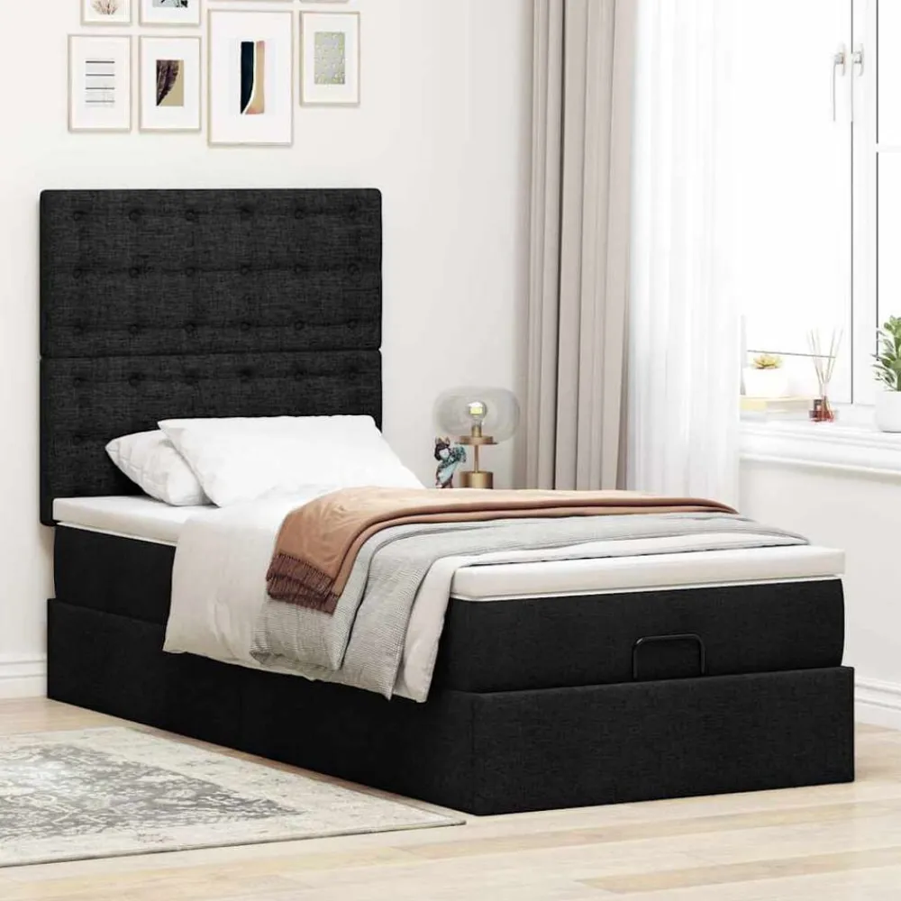 vidaXL Camas Y Accesorios-Estructura de cama otomana con colchón tela negra 80x200cm