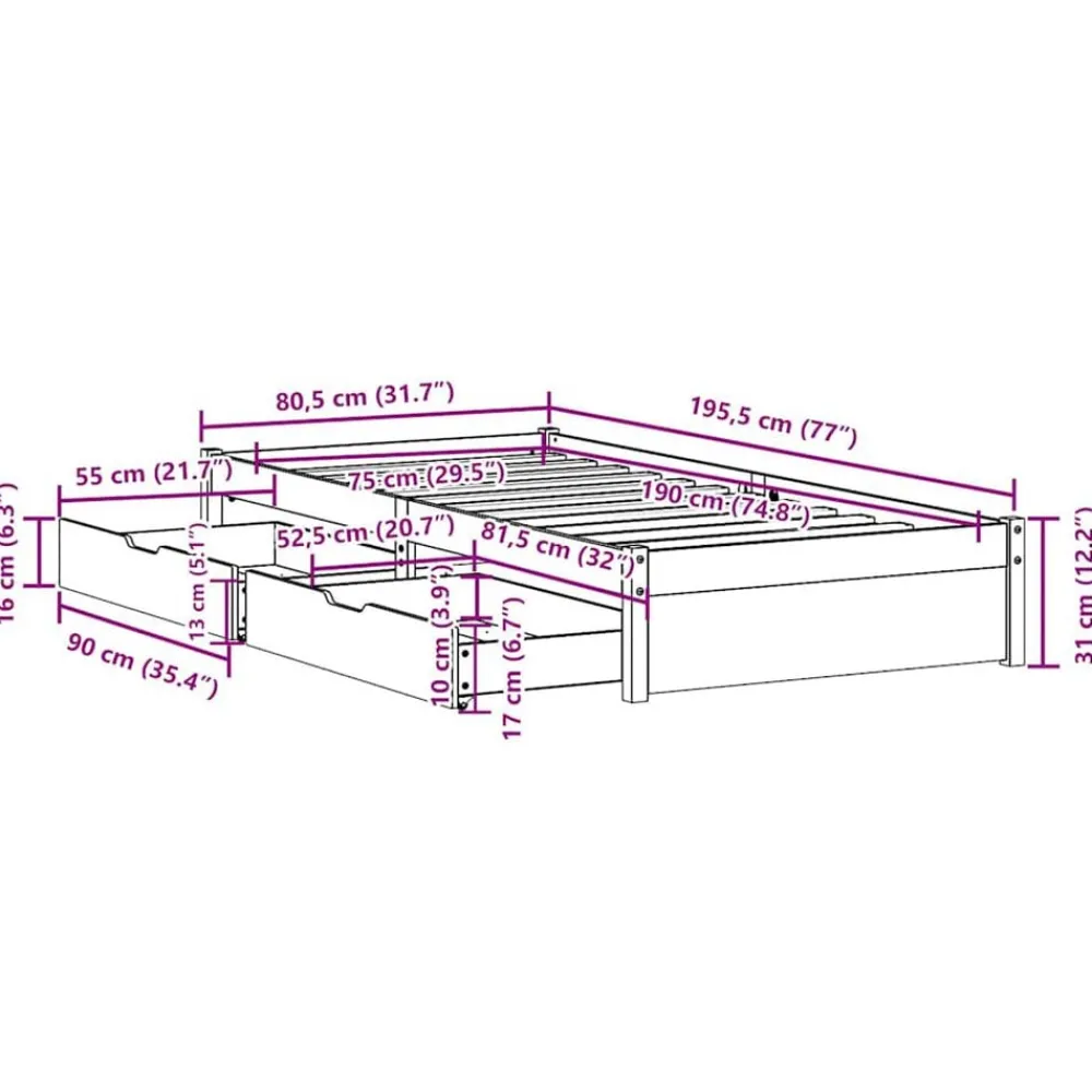vidaXL Camas Y Accesorios-Estructura de cama sin colchón madera maciza blanca 75x190 cm