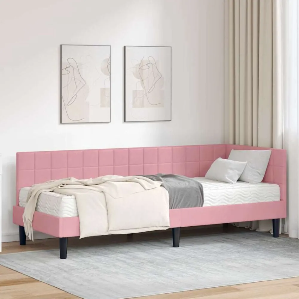 vidaXL Estructura de Cama Esquina con Colchón 2 pcs Gris Terciopelo Rosa Clearance
