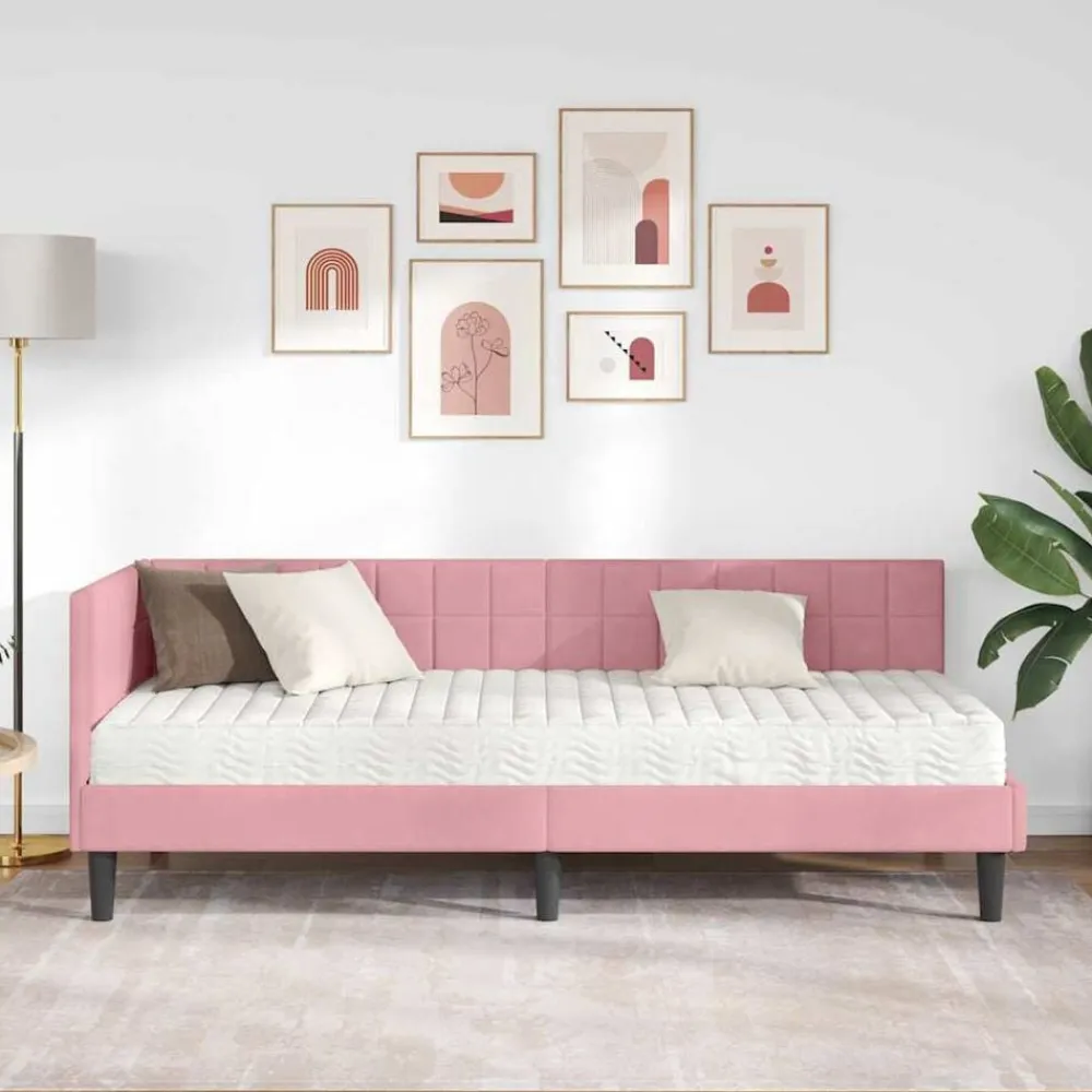 vidaXL Estructura de Cama Esquina con Colchón 2 pcs Gris Terciopelo Rosa Clearance
