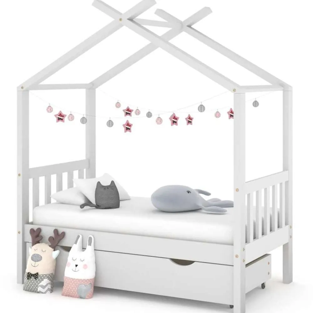 Niños vidaXL Mobiliario Para Bebés Y Niños Pequeños-Estructura de cama niños y cajón madera maciza blanca 70x140 cm