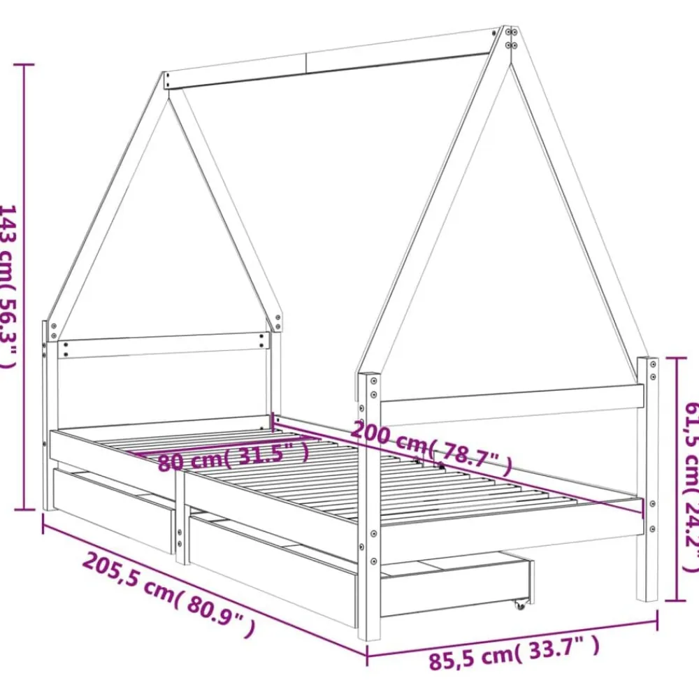 Niños vidaXL Mobiliario Para Bebés Y Niños Pequeños-Estructura de cama para niños con cajones madera pino 80x200 cm