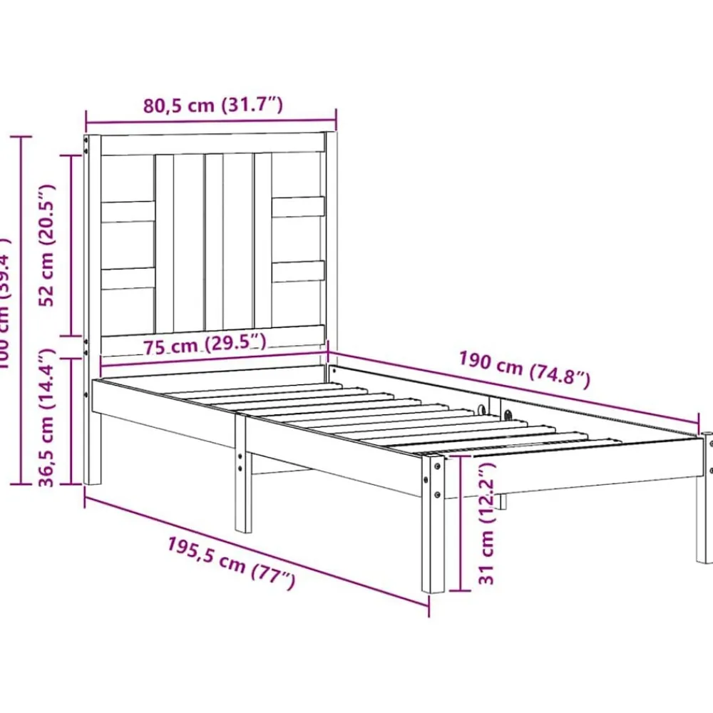 vidaXL Estructura de cama madera maciza 75x190 cm Natural Sale