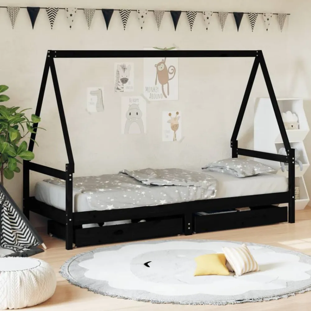 vidaXL Estructura de cama niños con cajones madera pino 80x200cm Negro Discount