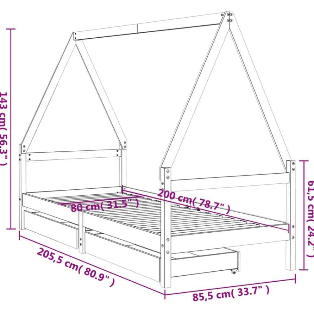 vidaXL Estructura de cama niños con cajones madera pino 80x200cm Negro Discount