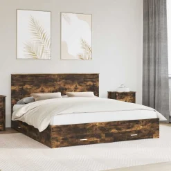 vidaXL Estructura de cama con cabecera 200 x 200 cm Roble ahumado New
