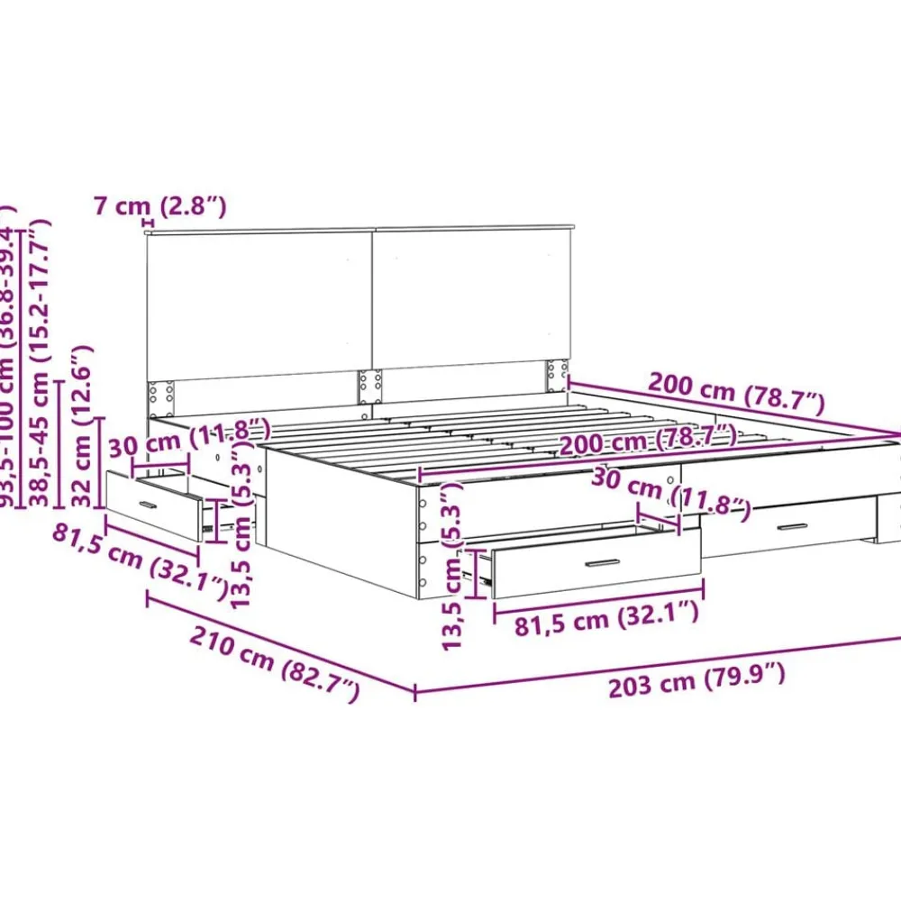 vidaXL Estructura de cama con cabecera 200 x 200 cm Roble ahumado New