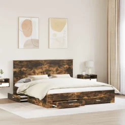 vidaXL Estructura de cama con cabecera 200 x 200 cm Roble ahumado New