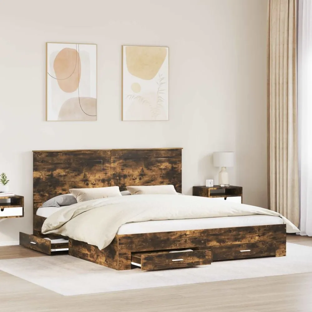 vidaXL Estructura de cama con cabecera 200 x 200 cm Roble ahumado New