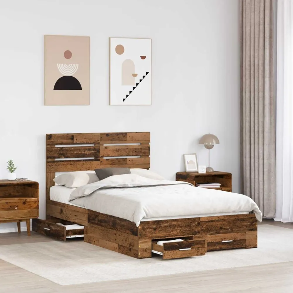 vidaXL Estructura de cama con cajón con cabecera Madera contrachapada Madera envejecida Discount