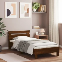 vidaXL Camas Y Accesorios-Estructura de cama cabecero luces LED roble marrón 100x200 cm