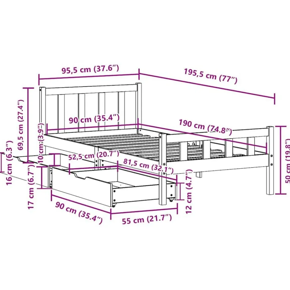 vidaXL Camas Y Accesorios-Estructura de cama sin colchón madera maciza de pino 90x190 cm
