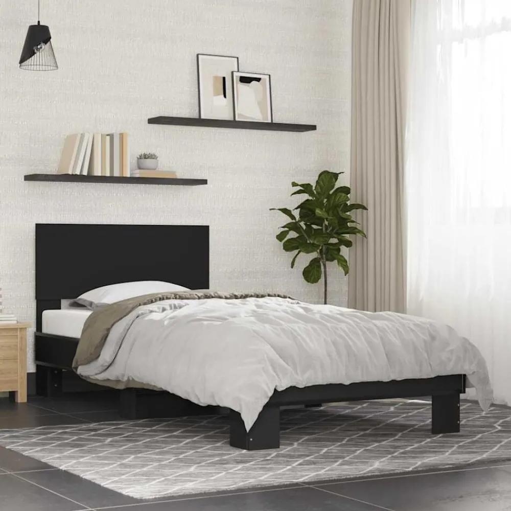 vidaXL Camas Y Accesorios-Estructura de cama madera de ingeniería y metal negra 75x190 cm