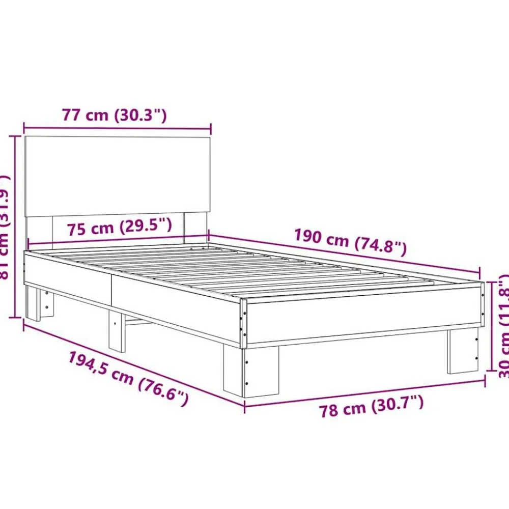 vidaXL Camas Y Accesorios-Estructura de cama madera de ingeniería y metal negra 75x190 cm