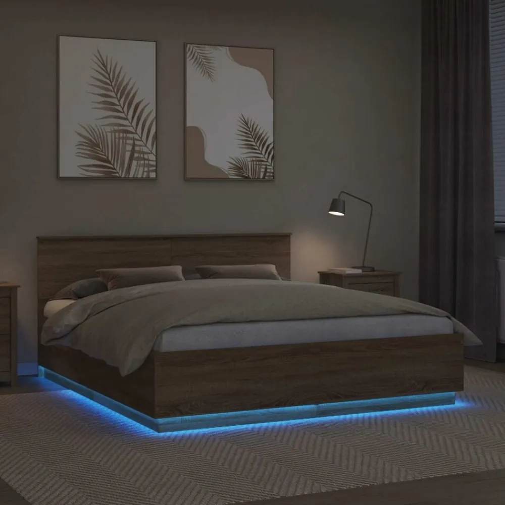 vidaXL Estructura de cama con tiras LED 200 x 200 cm Roble Sonoma Hot