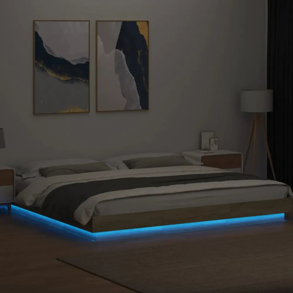 vidaXL Estructura de cama con luces LED madera 200x200 cm Roble Sonoma Clearance