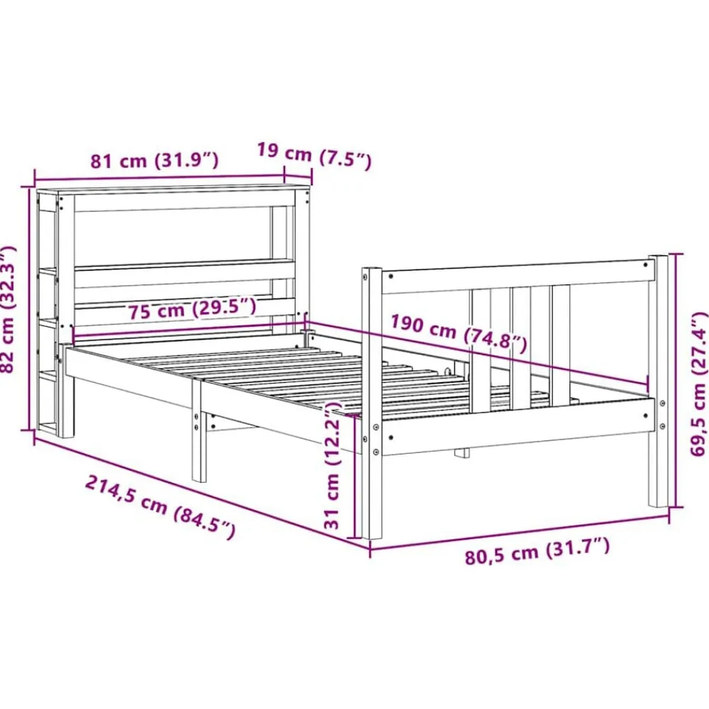 vidaXL Estructura de cama con cabecero madera maciza pino 75x190 cm Natural Hot