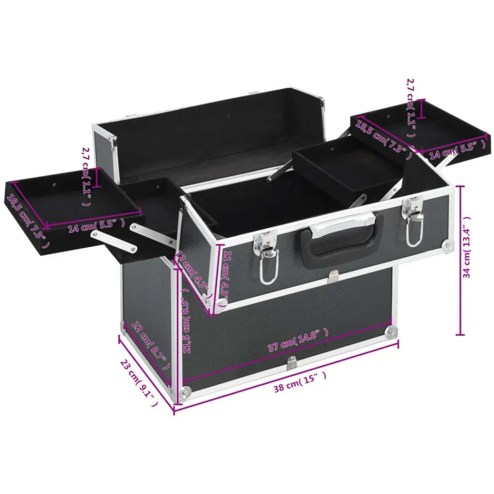 vidaXL Estuche de maquillaje aluminio 38x23x34 cm Negro Sale