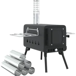 vidaXL Estufa leña de tienda con chimenea patas plegables acero negro Best