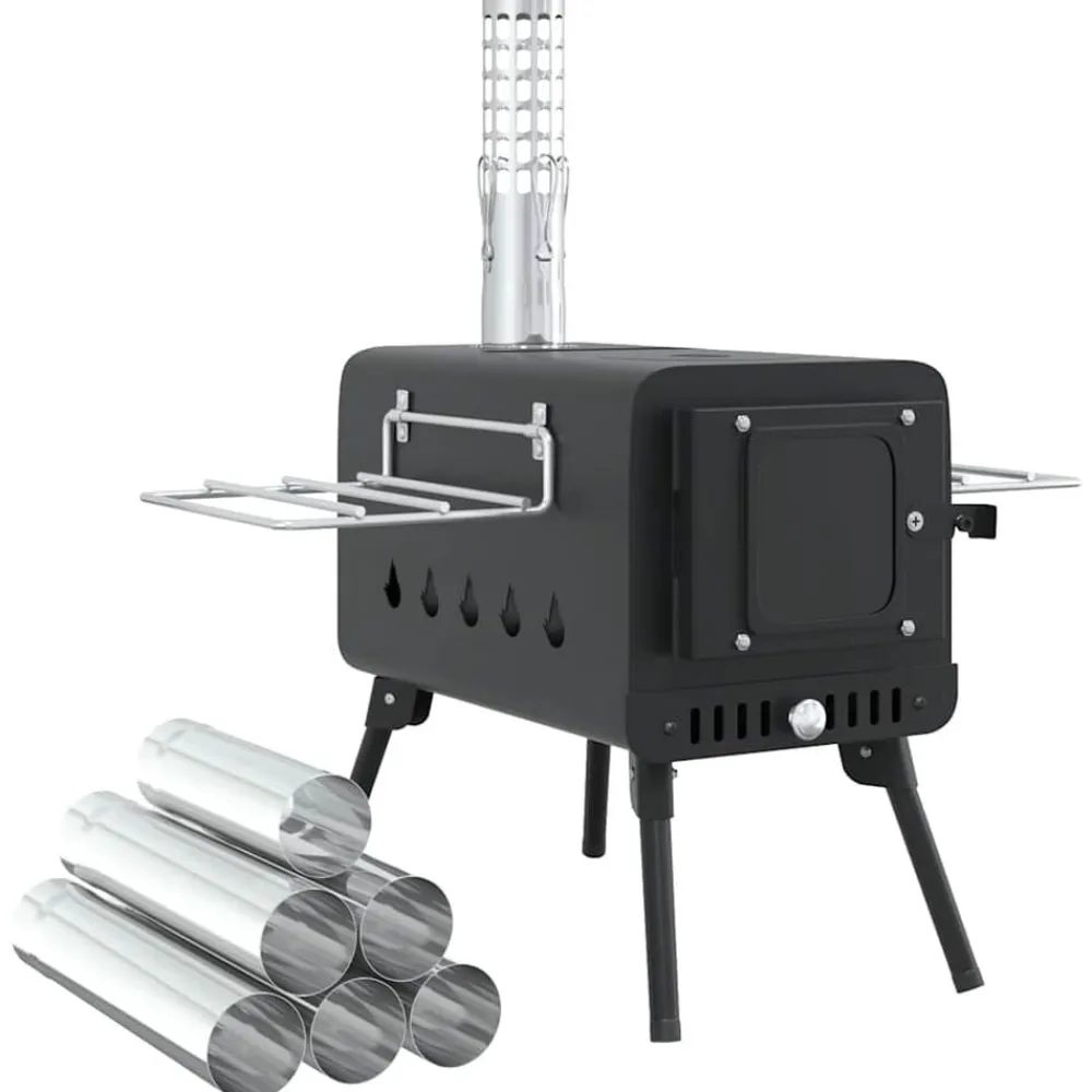vidaXL Estufa leña de tienda con chimenea patas plegables acero negro Best