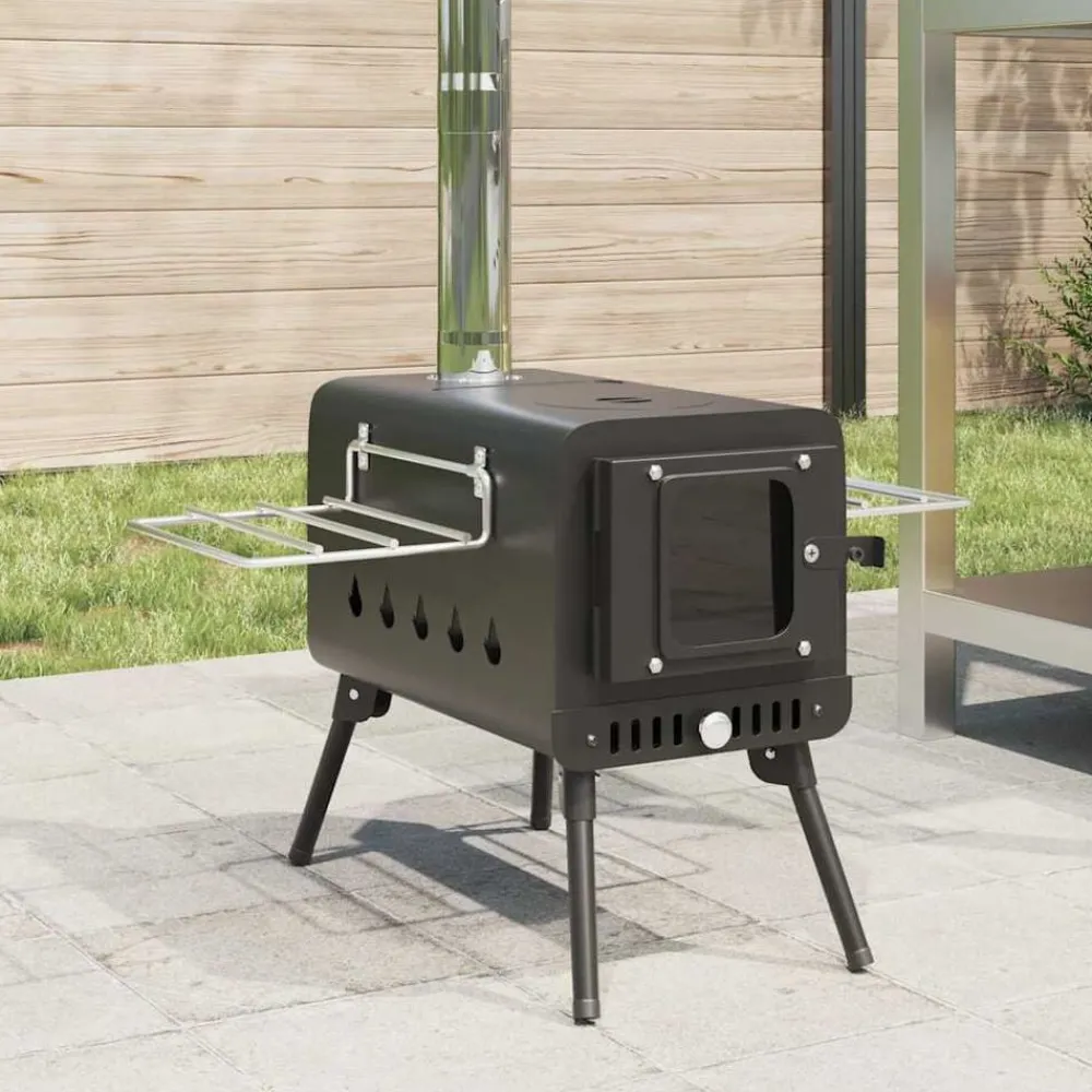 vidaXL Estufa leña de tienda con chimenea patas plegables acero negro Best