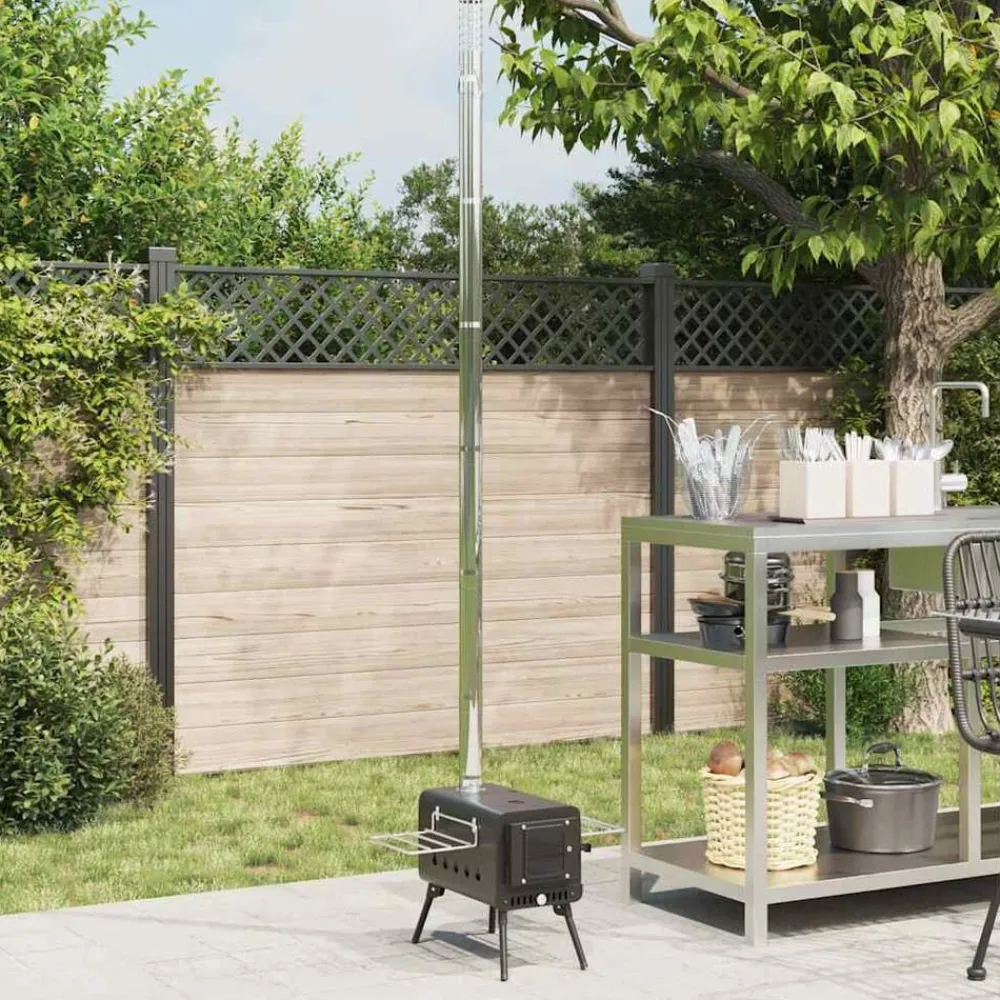 vidaXL Estufa leña de tienda con chimenea patas plegables acero negro Best