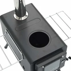 vidaXL Estufa leña de tienda con chimenea patas plegables acero negro Best